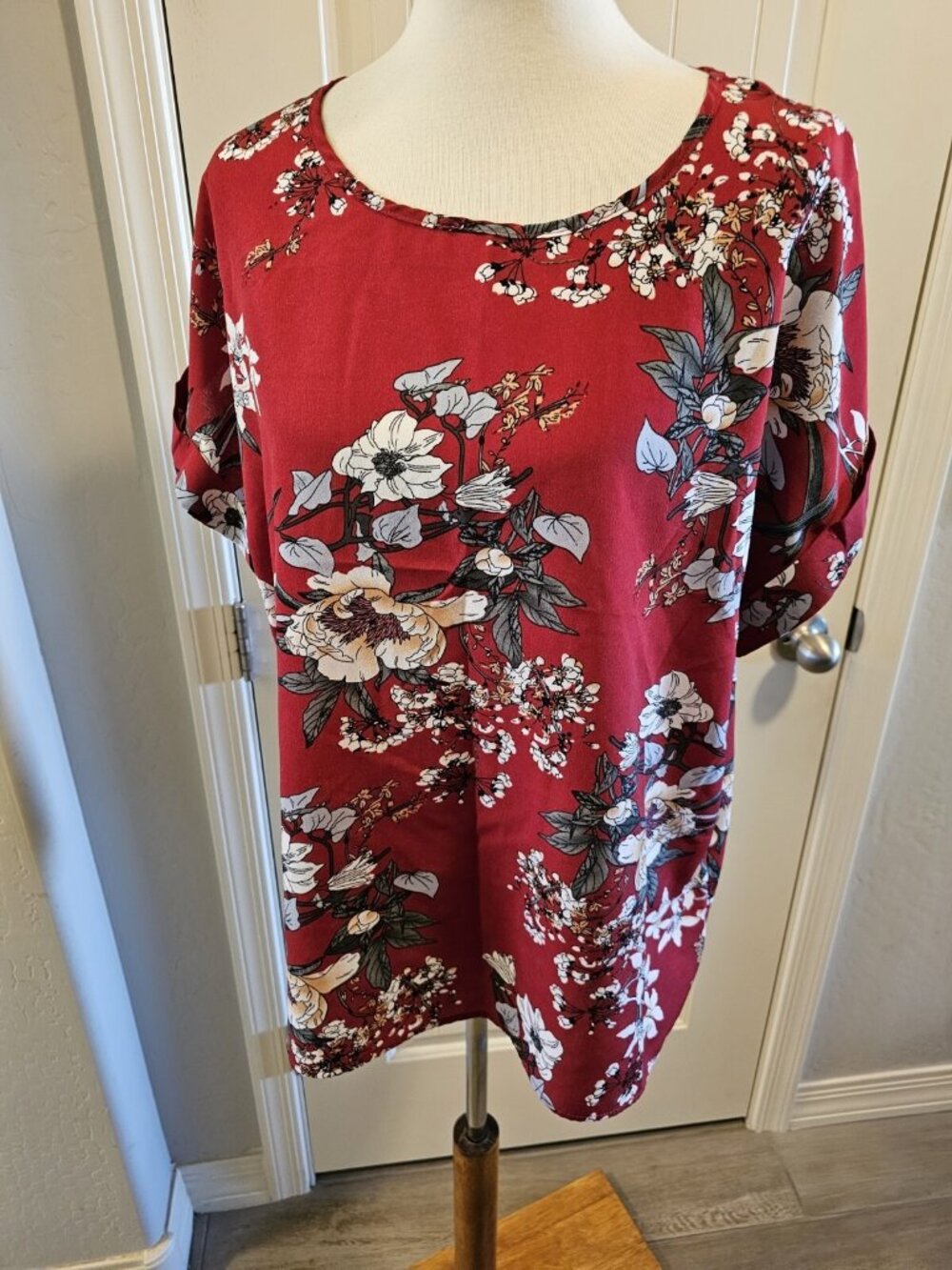 Shein Curve Floral Print Blouse Shirt Red Women's Size 2XL